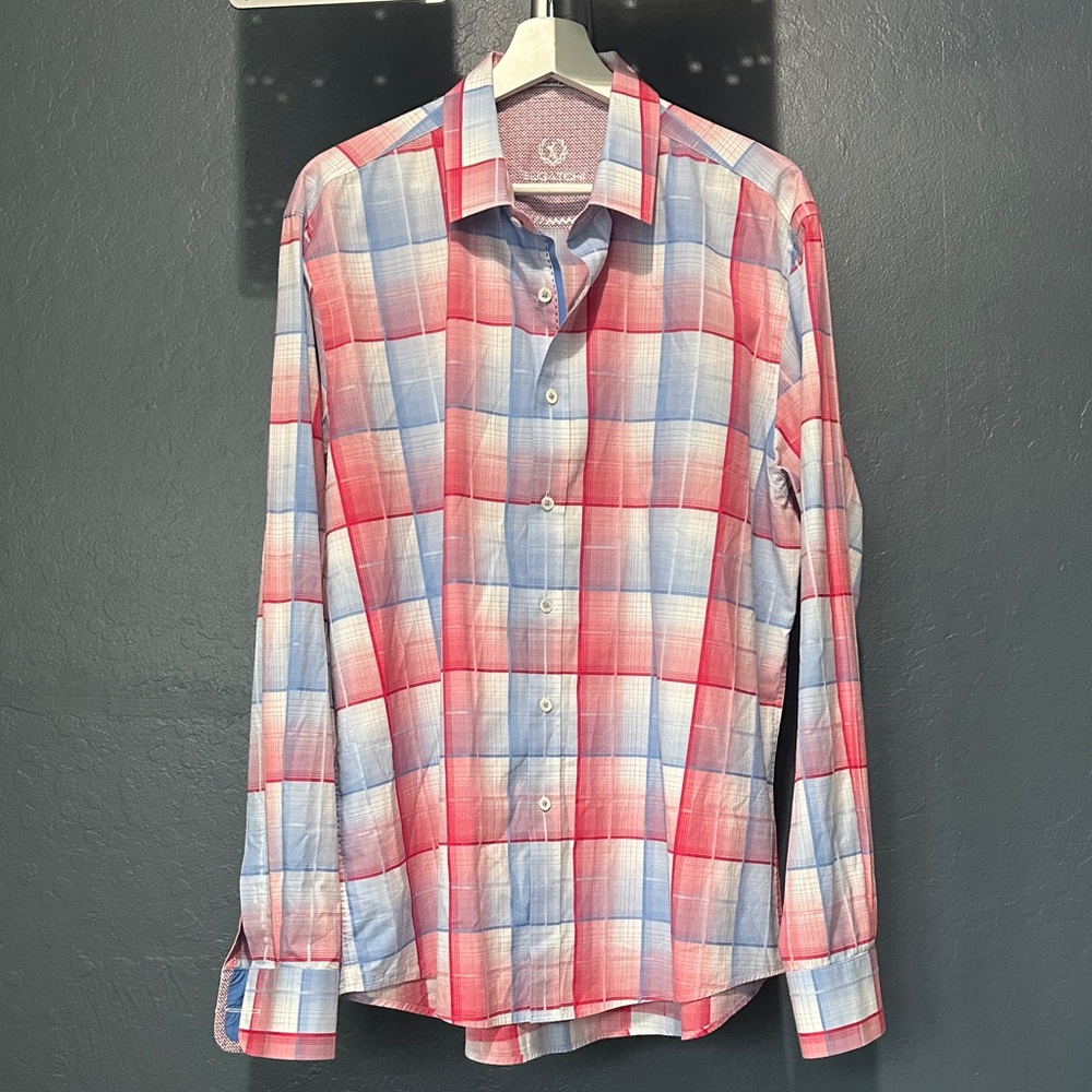Bugatchi Red and Light Blue Plaid Shirt